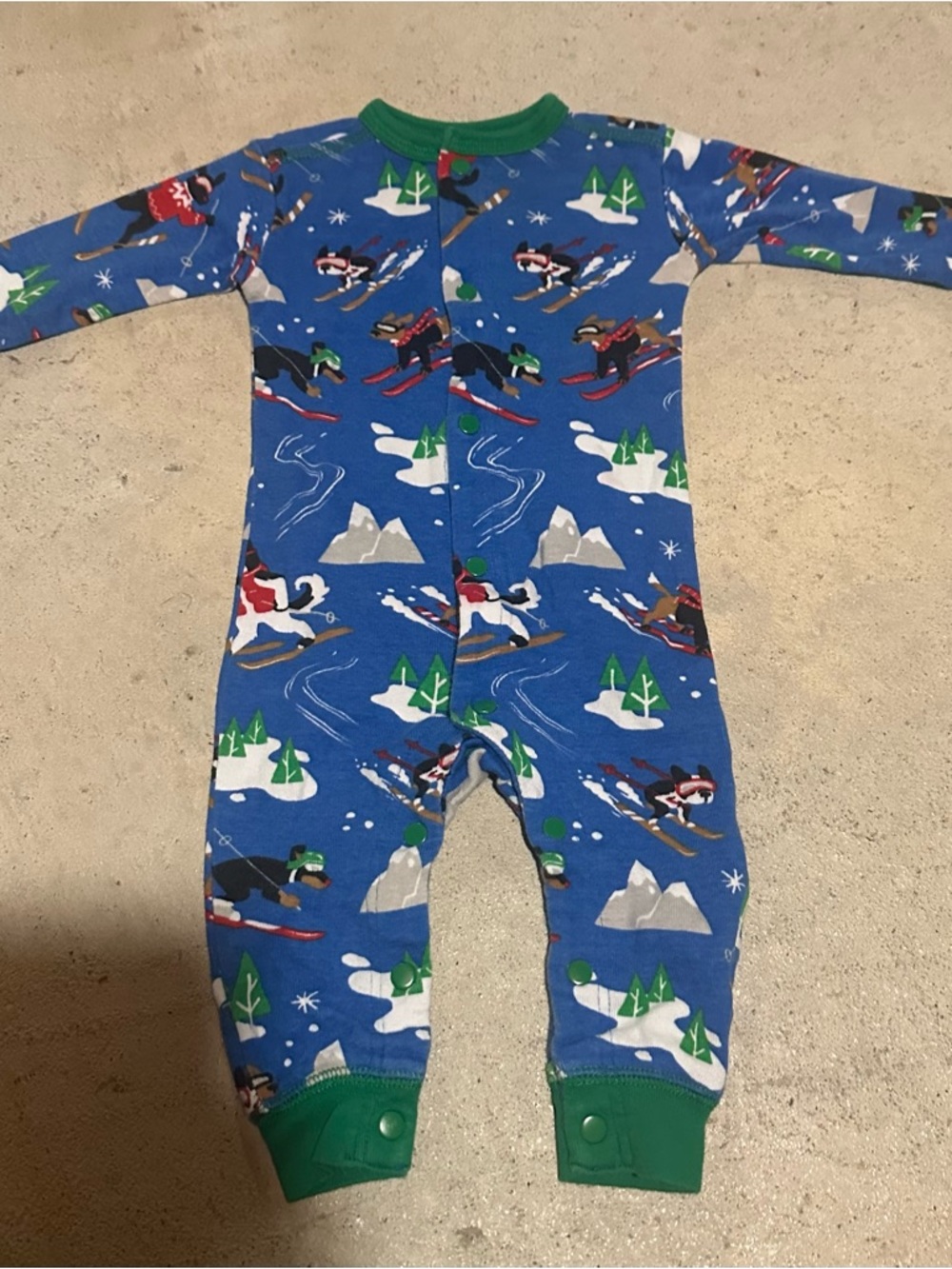 Blue Ski Print Kids One-Piece Pajamas with Green Trim